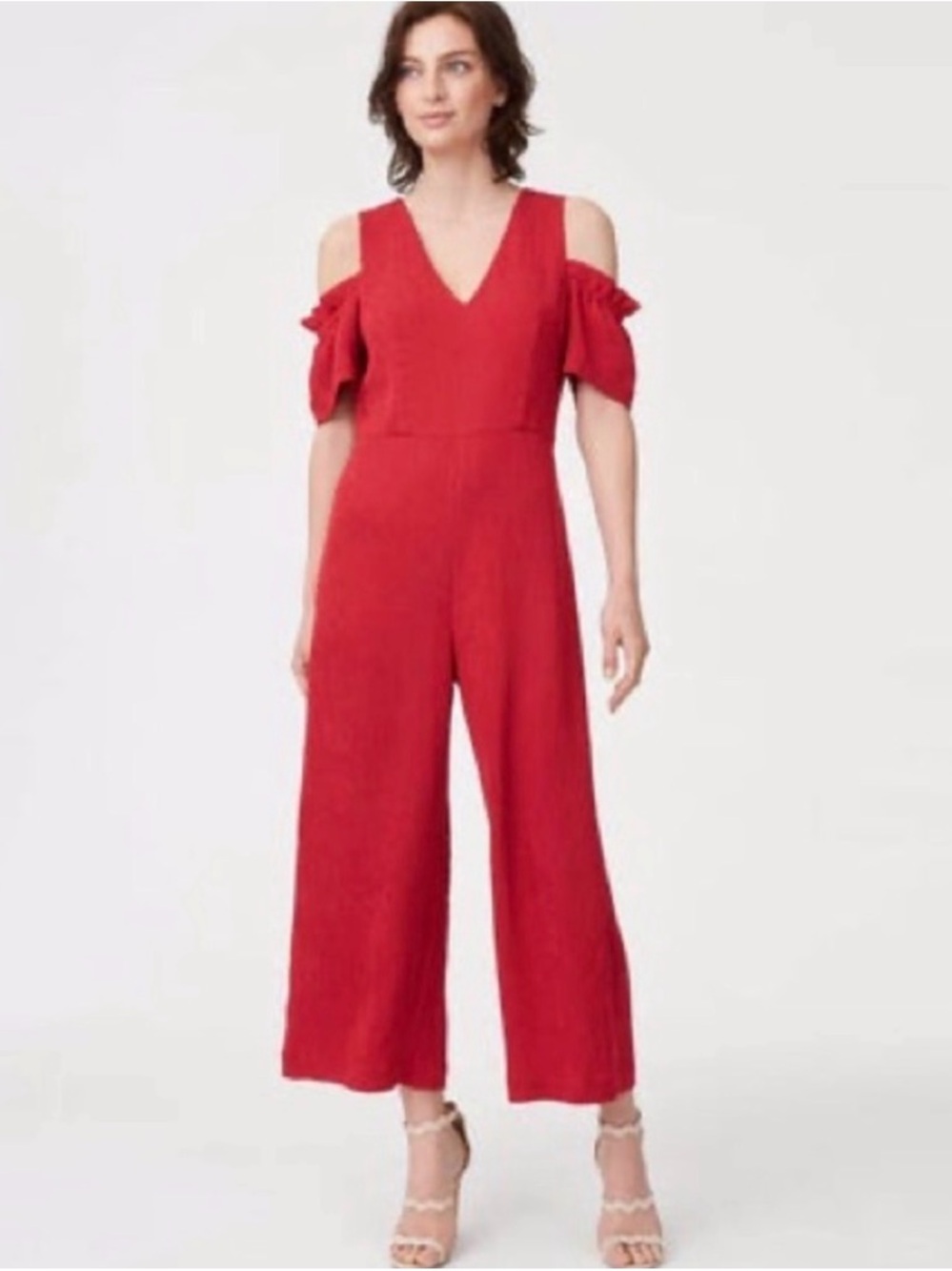 CLUB MONACO Red Sabellah Jumpsuit Cold Shoulder V Neck Wide Leg Textured Sise 6